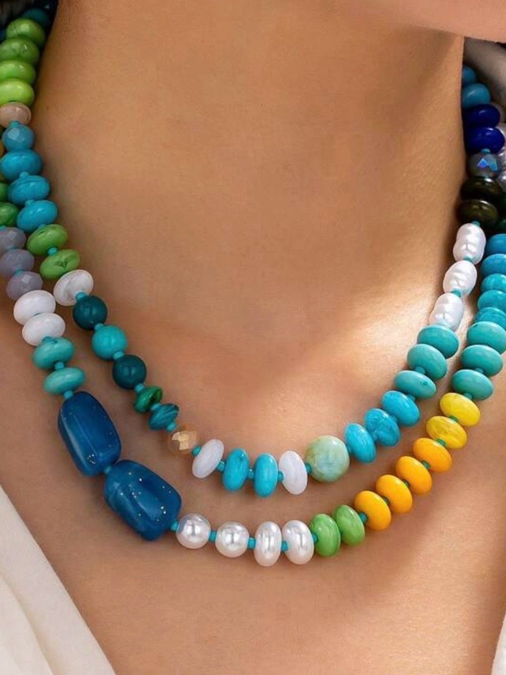 Multi-Color Beaded Necklace Set - Turquoise, Yellow & White.  TWO